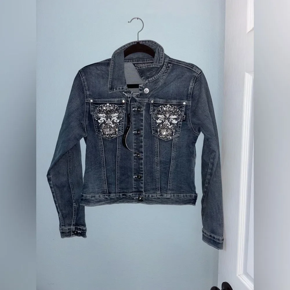 Platinum Plush Rhinestone Denim Jacket with Candy Skull Design - Picture 8 of 8
